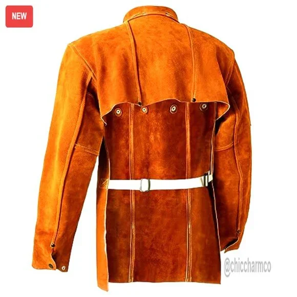 Leather Welding Jacket with Bib Apron, Heat Flame Resistant Work Coat